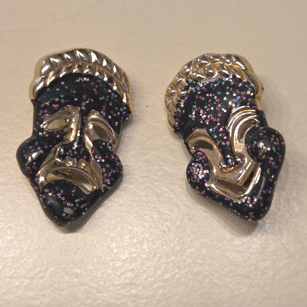 Vintage Retro Comedy & Tragedy Drama Mask Face Pins Brooches Set‎ Black Glitter